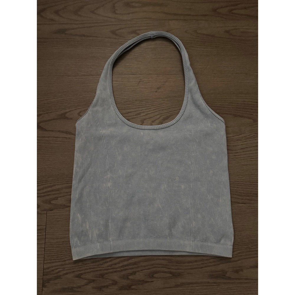 American Eagle Blue Acid Wash Ribbed Halter Top Medium Scoop Neck Tank